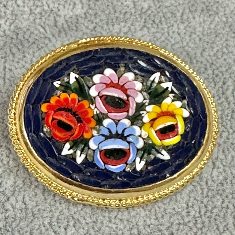 Vintage Micro Mosaic Oval Gold Tone Floral Brooch Pin Signed Italy
